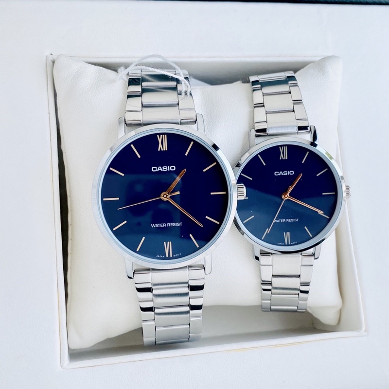 Đồng hồ Nam Casio MTP-VT01D-2B, đồng hồ chính hãng, dây thép bạc mặt xanh