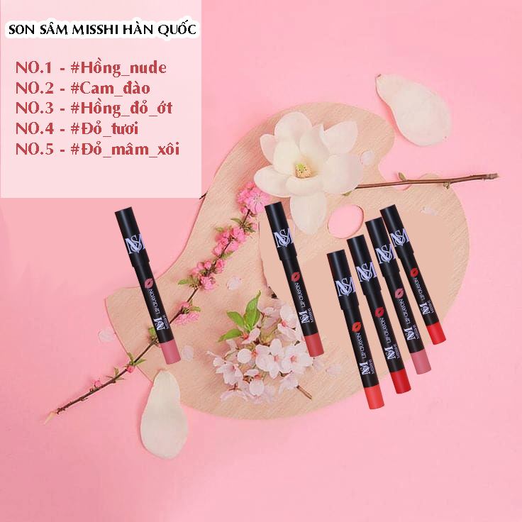 Combo 5 Son Sâm Bút Chì Misshi Lip Crayon 17g Nhập Khẩu Hàn Quốc (Màu: Hồng, Cam Đào, Đỏ Tươi, Đỏ Mâm Xôi, Đỏ Ớt)