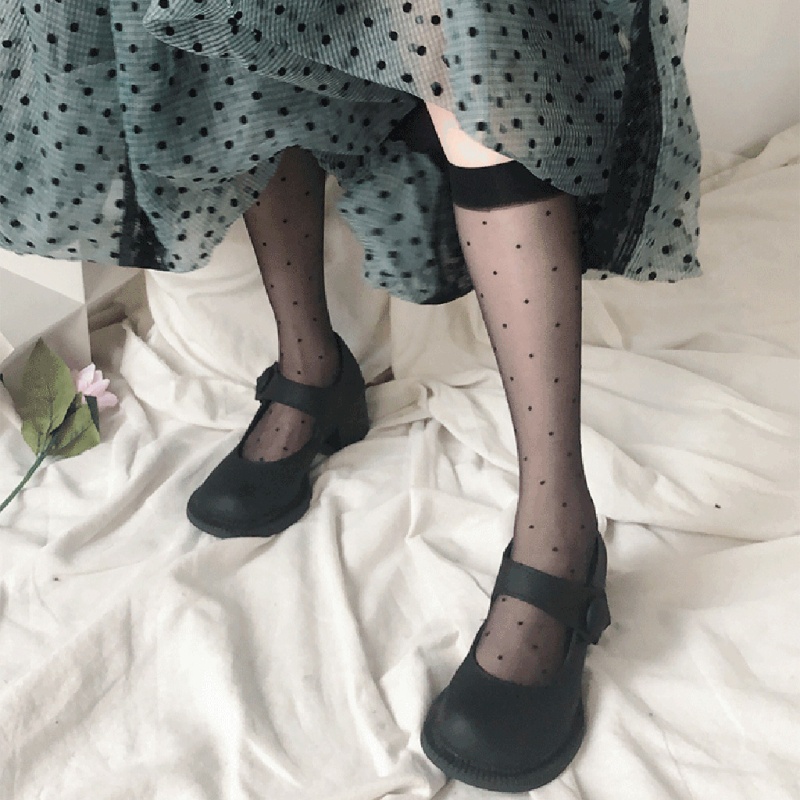 Vớ cổ cao vải lưới xuyên thấu dệt Jacquard họa tiết chấm bi phong cách Lolita vintage gợi cảm thời trang hè cho nữ
