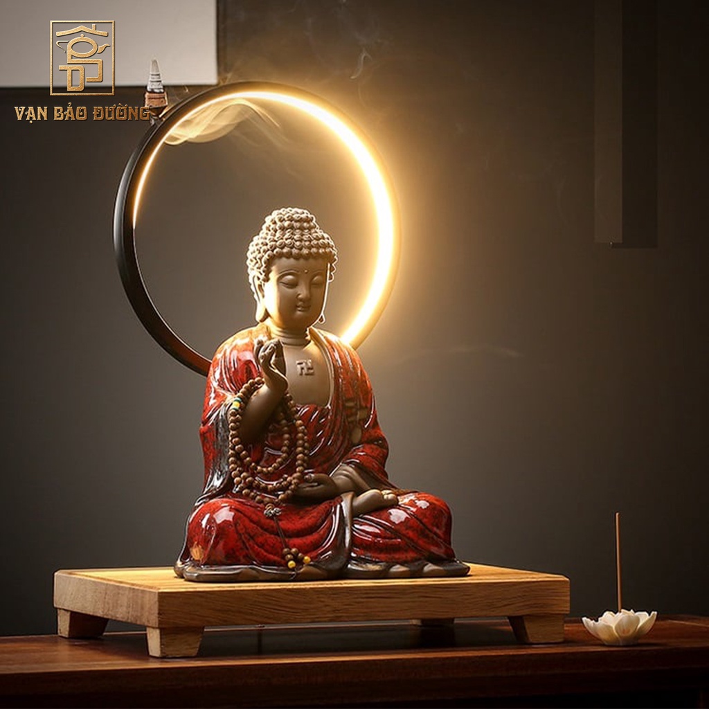 Tượng phật tử sa Adida kèm vòng đèn Led trang trí nhà cửa Vạn Bảo Đường - VBD042