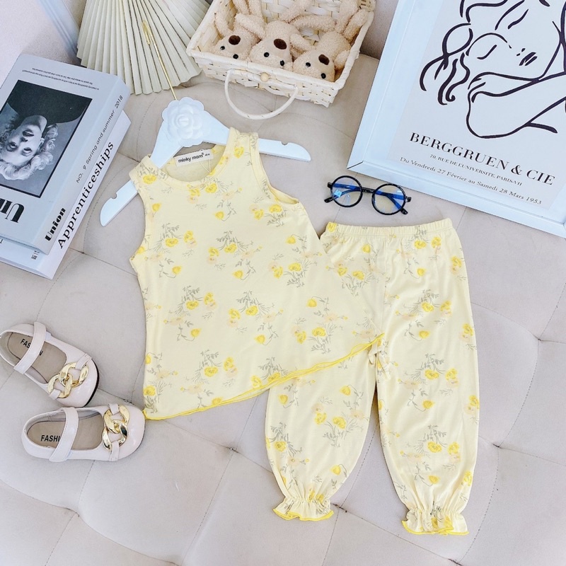 BL17 Bộ Ba Lỗ Quần Dài Bo Chun Thun Mát hoạ tiết Hoa cho bé Gái từ 8kg đến 18kg