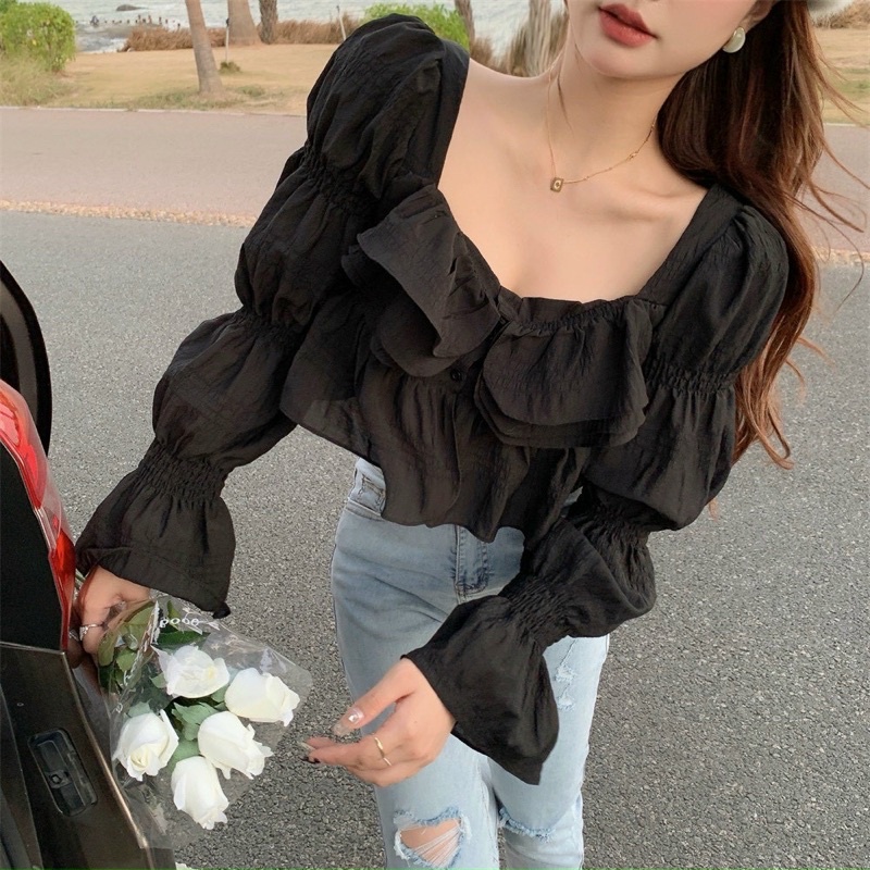 HÌNH THẬT - Áo croptop bèo nhún chỉ tay dài