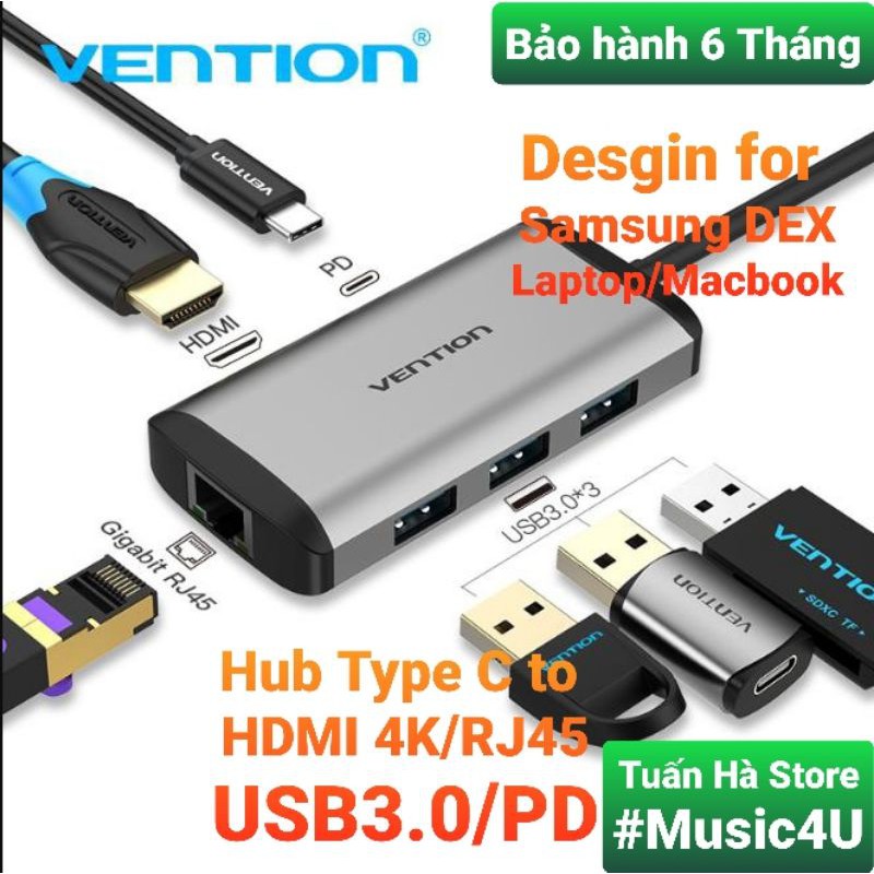 Bộ cáp chuyển đổi Hub 6 in 1 USB Type C to sang HDMI 4K USB3.0 PD RJ45 Vention Ravpower Aukey cho Samsung dex Macbook