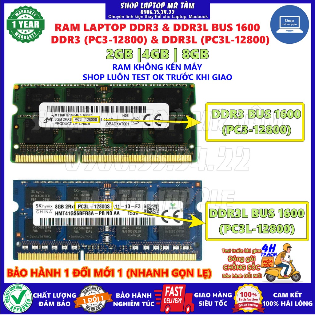 RAM LAPTOP DDR3 DDR3L 2GB, 4GB, 8GB BUS 1600 (PC3/PC3L 12800) zin tháo máy chính hãng