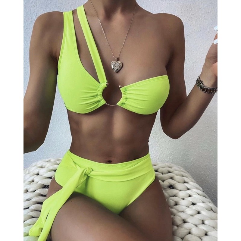 [BKN613] &lt;ÂU&gt; SET BIKINI LỆCH VAI KHUY NGỰC XANH NEON NƠ EO (CẠP CAO)