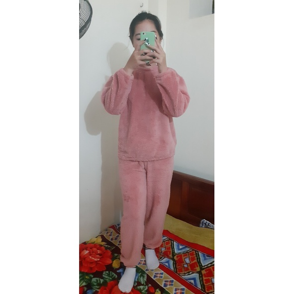 Bộ ngủ lông gấu hoodie hồng Unisex from rộng lông mượt mà siêu ấm phong cách hàn quốc