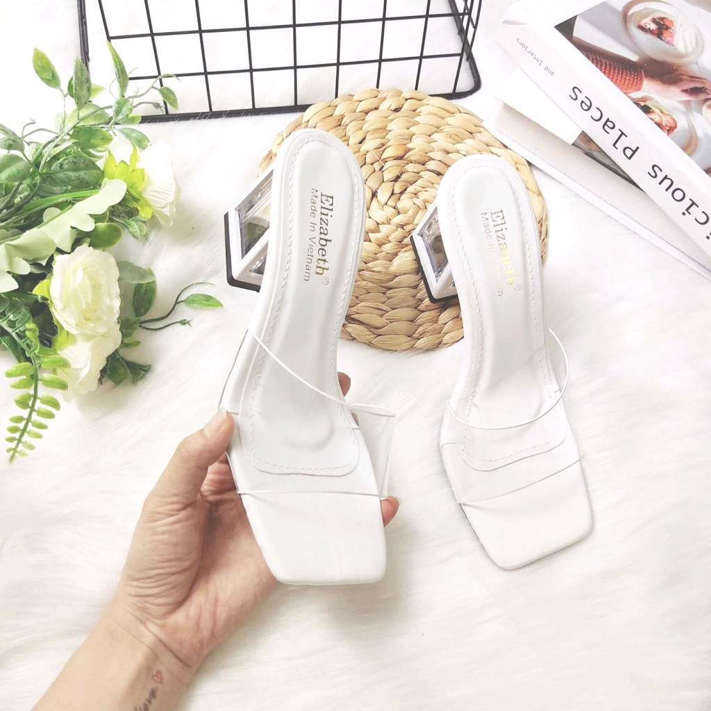 Giày cao gót nữ quai ngang trong suốt bản to gót vuông cao 5cm mica bọc viền sơn - hàng đẹp chất lượng