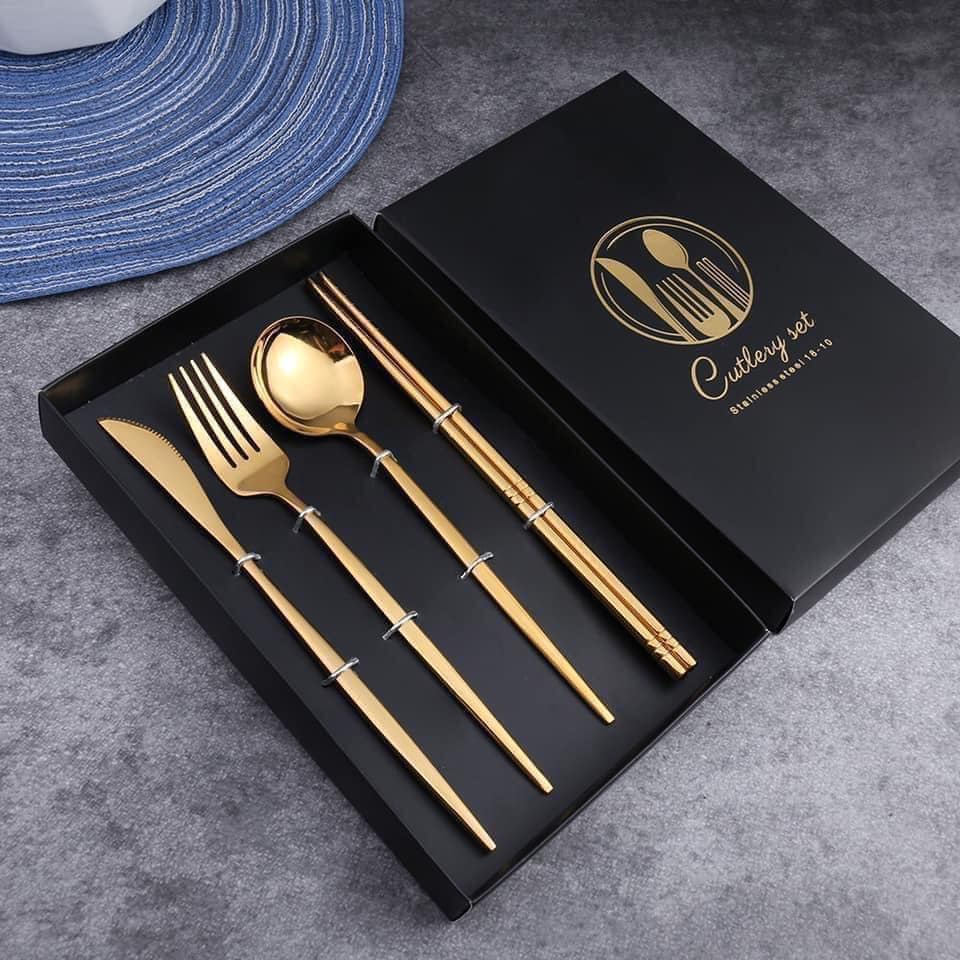Set 4 món dao dĩa thìa inox mạ vàng cao cấp phong cách hoàng gia