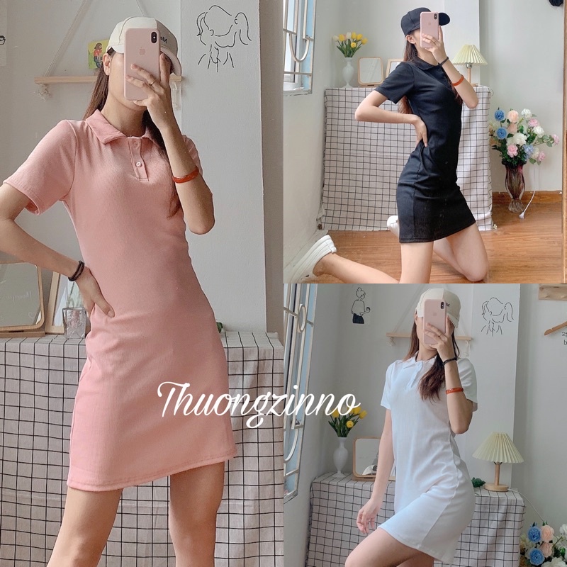 Đầm dáng suông polo chất cotton 4 chiều năng động body, thun cộc tay màu ĐEN|HỒNG|TRẮNG Ulzzang