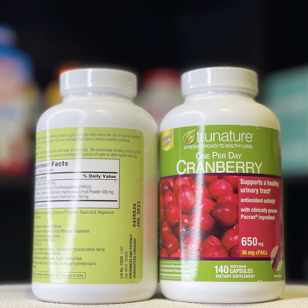 Viên uống hỗ trợ viêm đường tiết niệu Trunature Cranberry 650mg, hộp 140 viên chính hãng Mỹ, chống oxy hóa cao