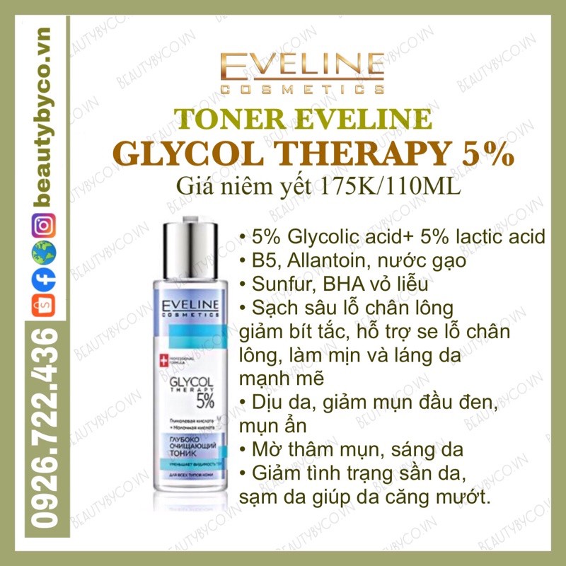 ( SẴN )Toner Eveline 5% Glycolic acid - Glycol Therapy làm căng bóng da, mờ thâm mụn | BigBuy360 - bigbuy360.vn