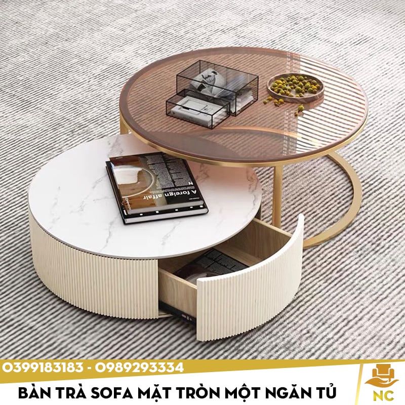 Bàn trà sofa mặt đá vân cấp, mặt kính hiện đại, có ngăn tủ bọc kẻ sọc cách điệu, khung chân kim loại phun tĩnh điện