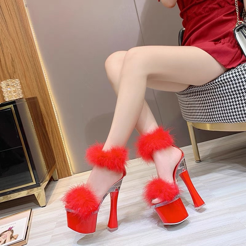 Giày Cao Gót 18CM Đính Lông Quai Bản To