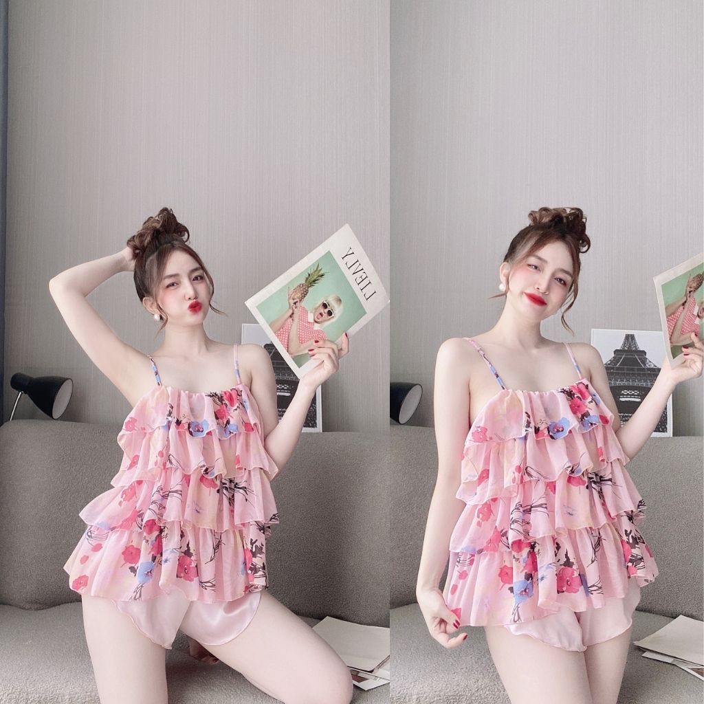 Đồ ngủ sexy đồ ngủ nữ lụa Chiffon phối Satin cao cấp mềm mại xinh xắn bigsize | BigBuy360 - bigbuy360.vn