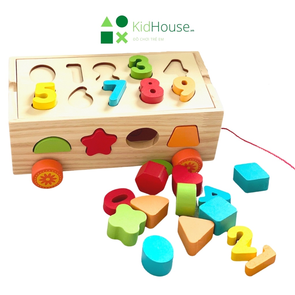 Đồ chơi gỗ thông minh montessori xe kéo thả hình khối chữ số cho bé phát triển trí tuệ Kidhouse.vn