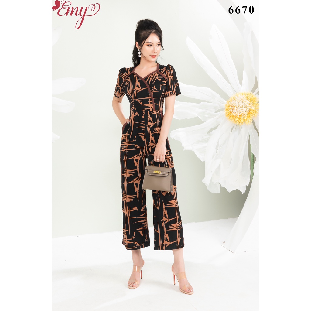 Jumpsuit EMY EM6670 Dài Cổ Lục Giác Viền Nâu Có Túi