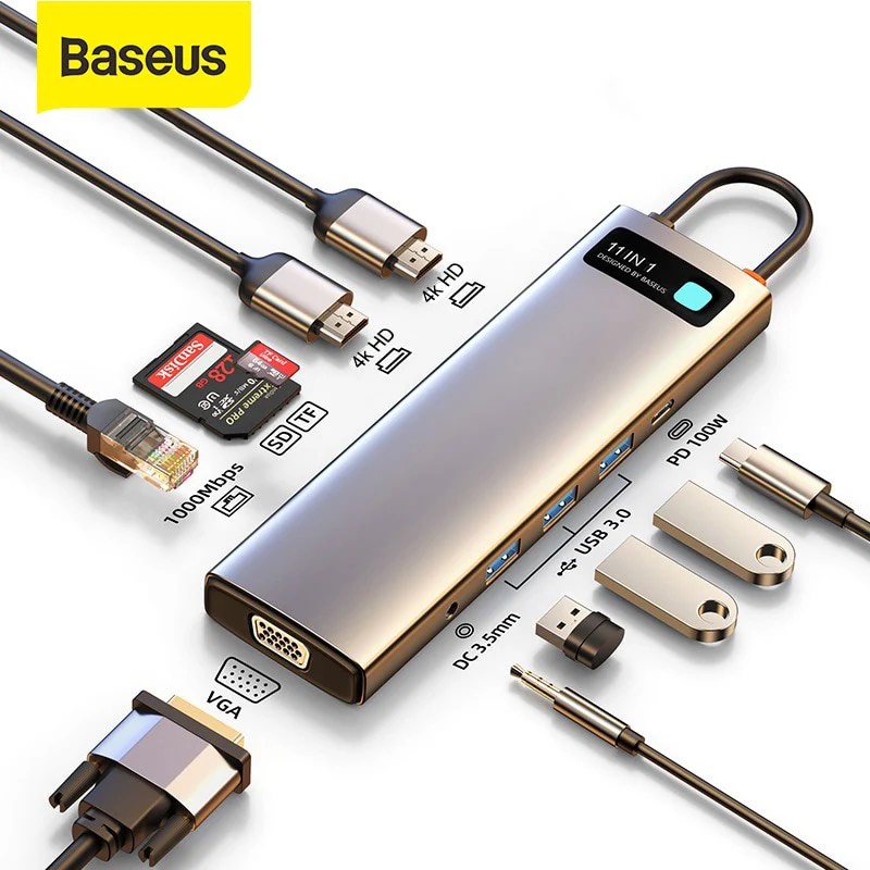 Bộ HUB Chuyển Đổi Đa Năng Baseus 8 in 1 HUB HDMI 4K USB 3.0 PD 100W thẻ SD 2.0 LAN Cho Laptop Macbook Samsung TV