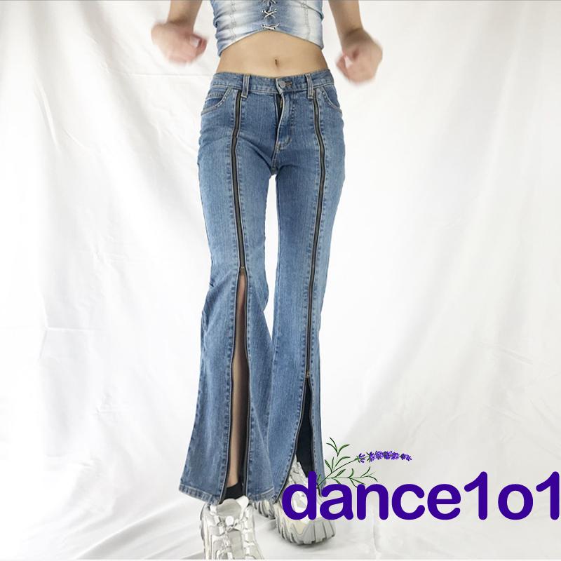 Quần denim lưng vừa viền kim loại có khóa kéo thời trang cho nữ