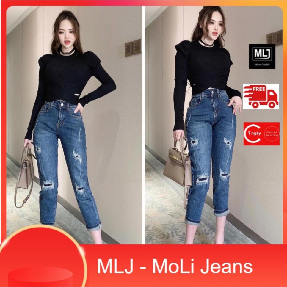 Quần jean nữ BIGSIZE dài 9 tấc rách vá đắp dành cho người béo 3755 MLJ ! ,