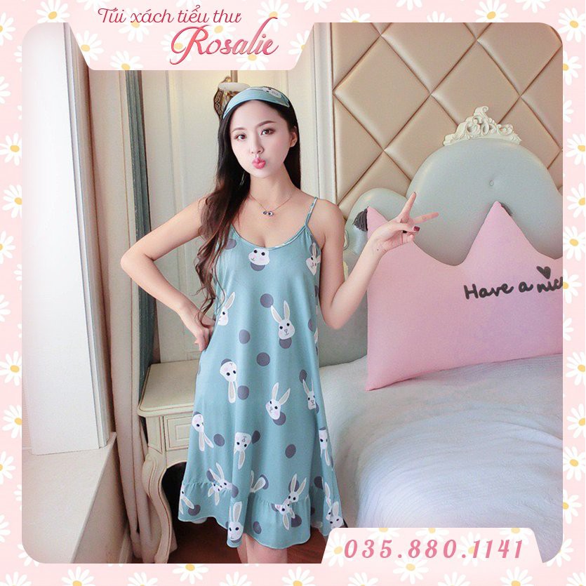 Đầm ngủ nữ bigsize hình hoạt hình dễ thương Set gồm đầm và khăn che mắt ngủ