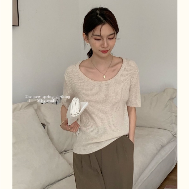 Áo Thun Dệt Kim Ngắn Tay Cổ Tròn Dáng Rộng Thời Trang Mùa Hè Cho Nữ