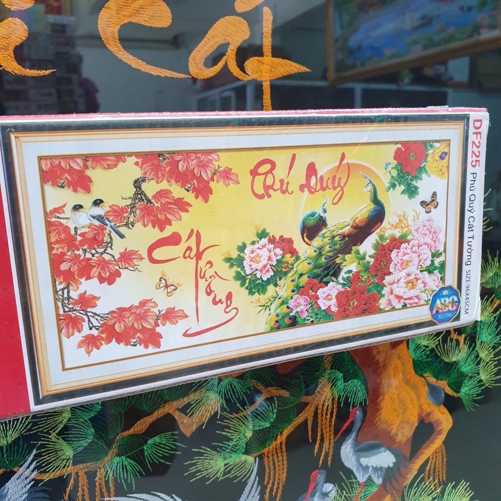 Tranh Đính Đá CÔNG PHÚ QUÝ CÁT TƯỜNG (ĐÁ ABC CAO CẤP). Kích Thước: 96cm x 45cm