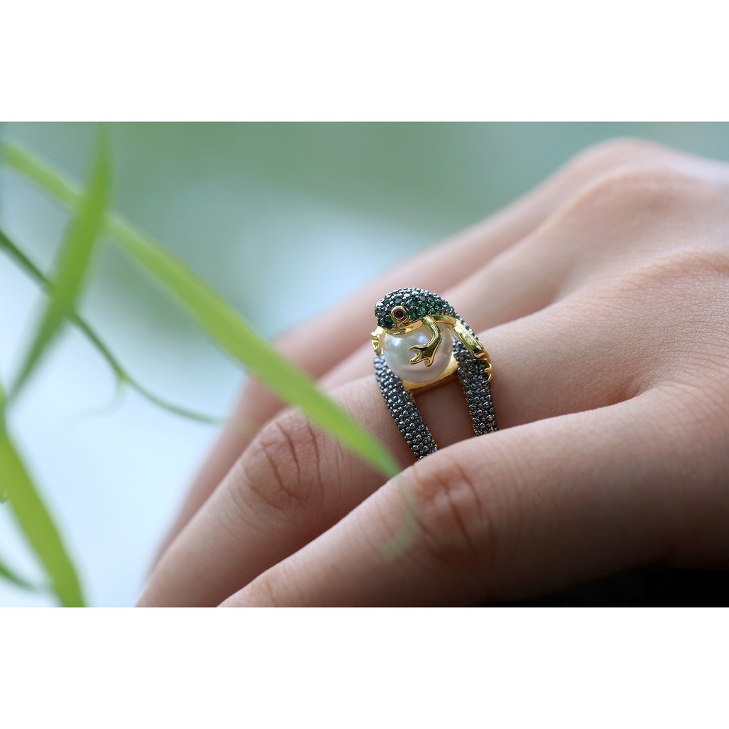 Nhẫn đồng mạ vàng 18K thiết kế tách rời chú ếch đính đá thời trang