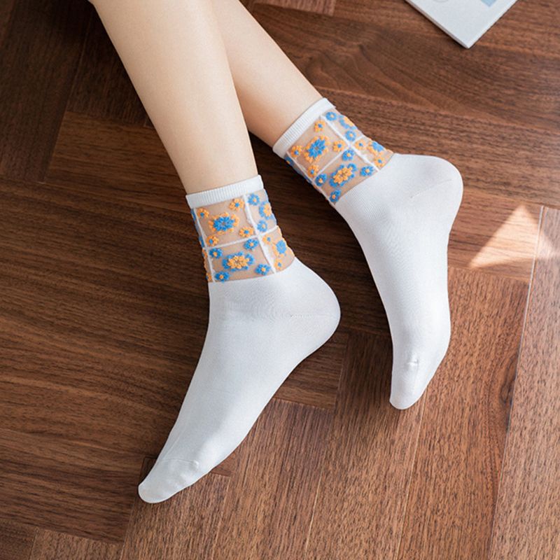 Youyo Vớ Lưới Jacquard Siêu Mỏng Xuyên Thấu Ghép Vải Hoa Cúc Dài Tới Mắt Cá Chân Phong Cách Hàn Quốc Cho Nữ