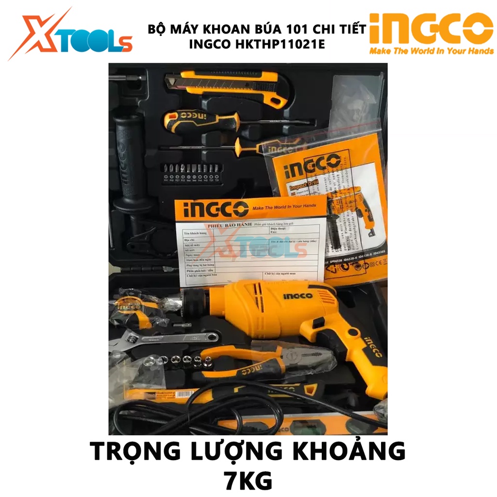 &quot;Bộ máy khoan búa cầm tay 650w 13mm kèm 100 dụng cụ Ingco HKTHP11021E gồm 1 máy khoan cầm tay công suất 650w, đầu khoan
