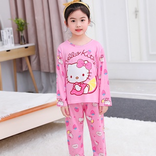 Set đồ ngủ áo thun tay dài + quần dài in hoạt hình Hello Kitty cho bé gái