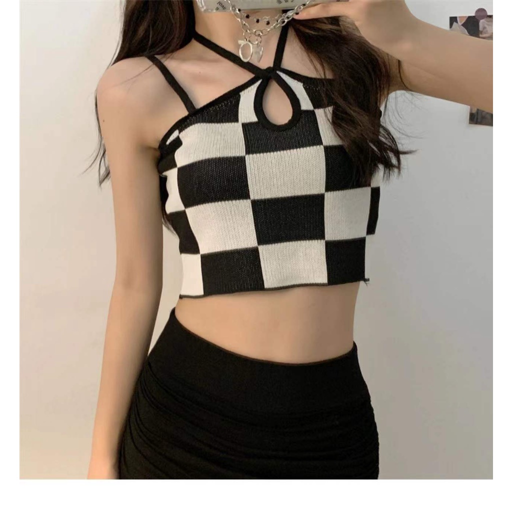 Áo Hai Dây Vải cotton Họa Tiết Sọc Caro Thời Trang Mùa Hè Cho Nữ