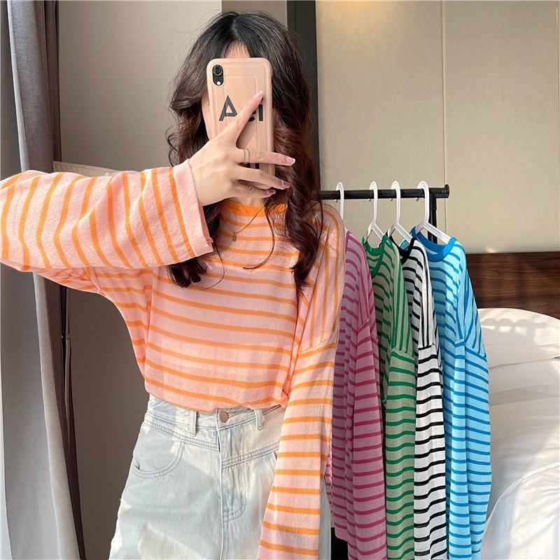 Áo Thun Tay Dài Cổ Tròn Dáng Rộng Thoải Mái Họa Tiết Kẻ Sọc áo phông nữ JL-TX-31