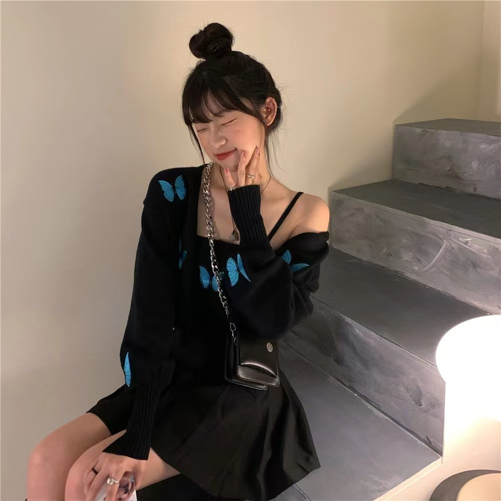 Áo cardigan ZHELIHANGFEI dệt kim thêu hình bướm lưng cao hợp thời trang