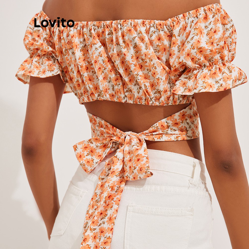 Áo Lovito hoạ tiết hoa nhí viền nhún bèo tôn dáng phong cách Boho L13X028 (màu vàng)