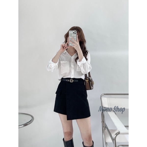 Quần váy nhung gân vạt lệch đính giả nịt Ảnh thật/ sẵn