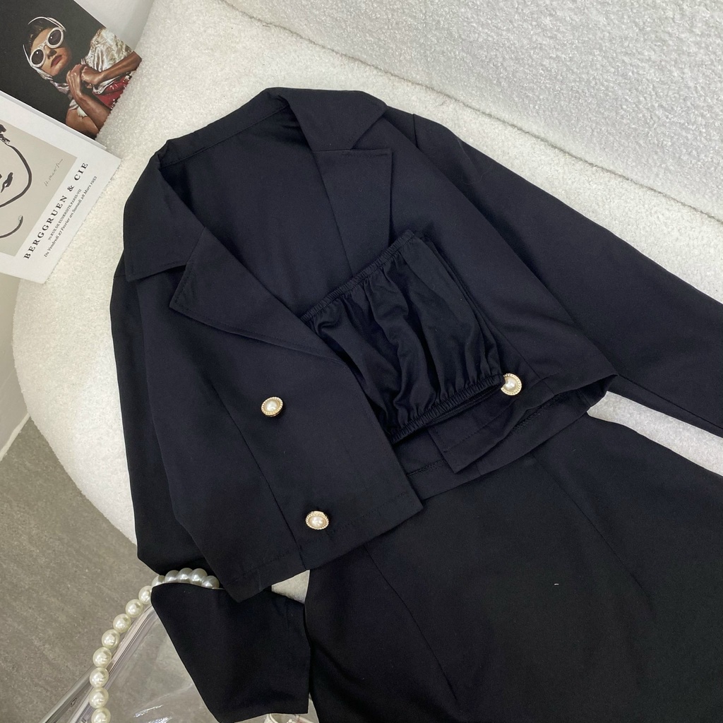 Set Crop đen nữ 3 món: Áo vest+ áo quây croptop+ chân váy ngắn chữ A chun eo