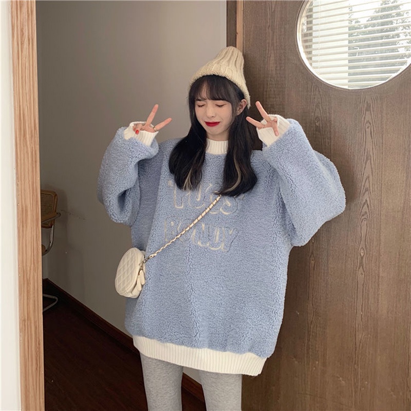 Áo khoác sweater IELGY vải nhung dày len giả lông cừu dáng rộng cho nữ sinh