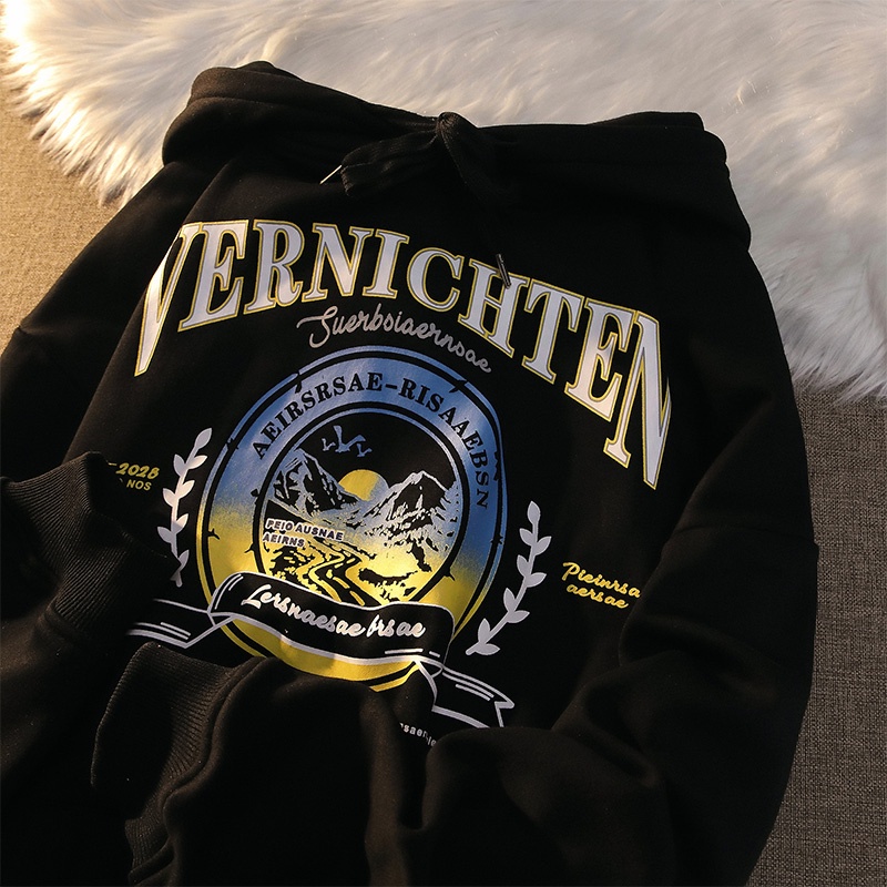 Zhe Li Hang Fei Áo Hoodie Họa Tiết Chữ Theo Phong Cách Retro Mỹ Dễ Phối Đồ