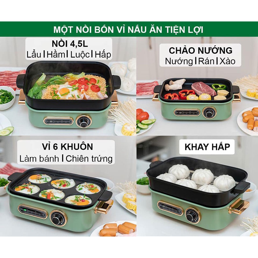 Nồi lẩu nướng Seka SK68 kèm 4 khay rời thay thế hấp bánh làm bánh đa năng