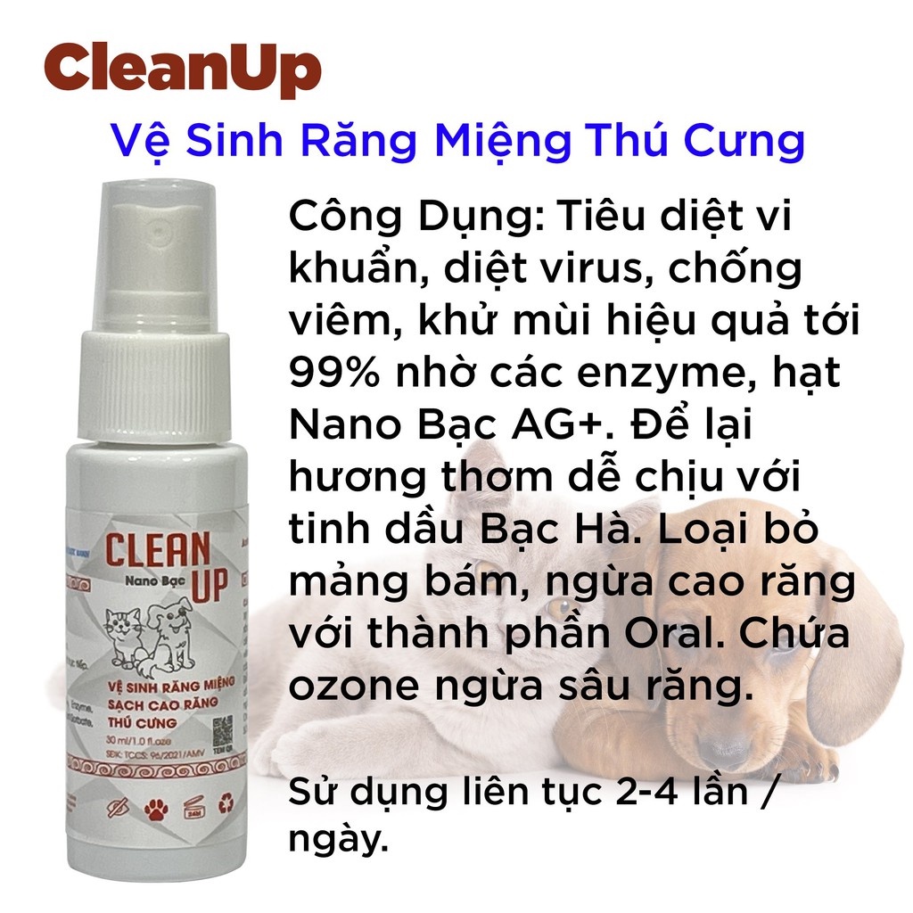 [ Clean Up] Xịt thơm miệng chó mèo , thú cưng ngừa sâu răng khử mùi răng miệng chó mèo 30ml AMITAVET