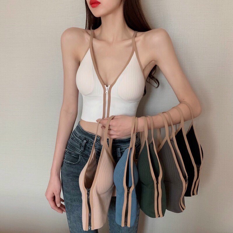 Áo Bra 2 dây gân tăm khóa kéo trước ngực sexy cổ chữ V Croptop Cotton đẹp tập thể thao Gym Yoga có mút mỏng tôn vòng 1