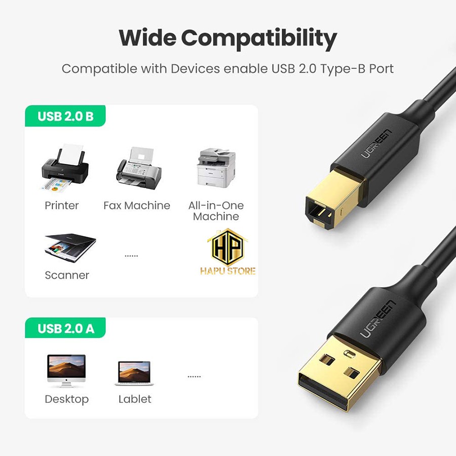 Cáp máy in dài 1.5m đến 5M chuẩn USB 2.0 Ugreen chính hãng - Hapustore