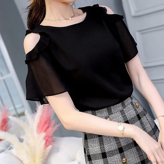 Áo chiffon cổ tròn tay ngắn trễ vai thời trang cho nữ