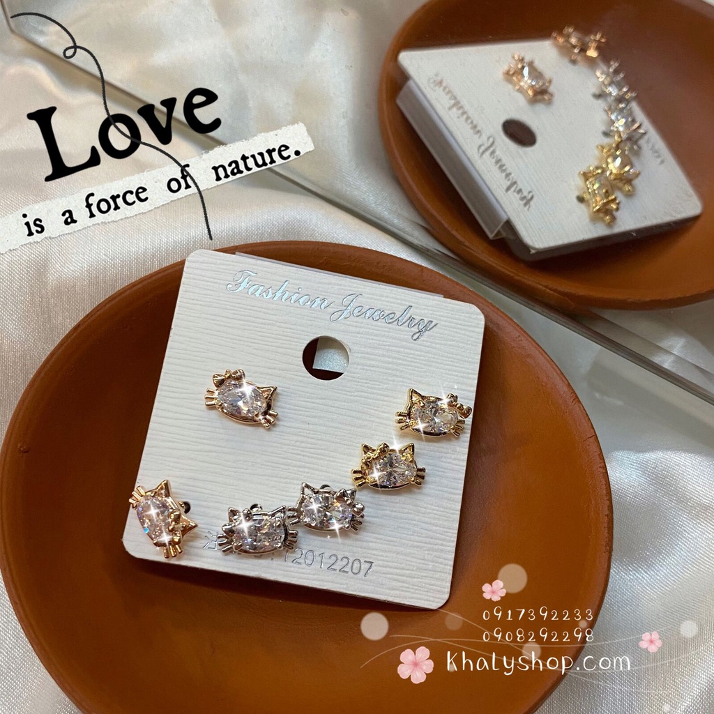 Set 3 đôi bông tai, hoa tai, trang sức thời trang màu bạc, vàng khuyên nụ kiểu hình mặt mèo kitty đính hột lấp lánh