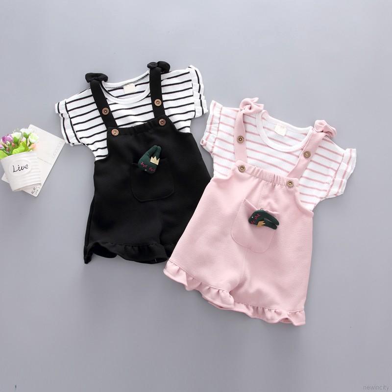 Set áo thun kẻ sọc + quần yếm dễ thương cho bé gái