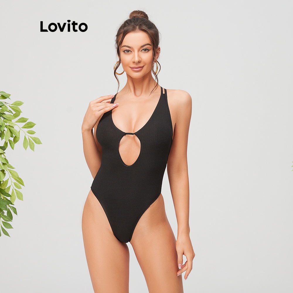 Đồ một mảnh Lovito dây chéo khoét rỗng sexy màu trơn L11113 (Màu đen)