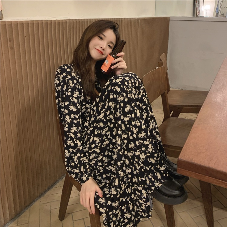 Đầm hoa Quảng Châu dáng dài cổ V vintage