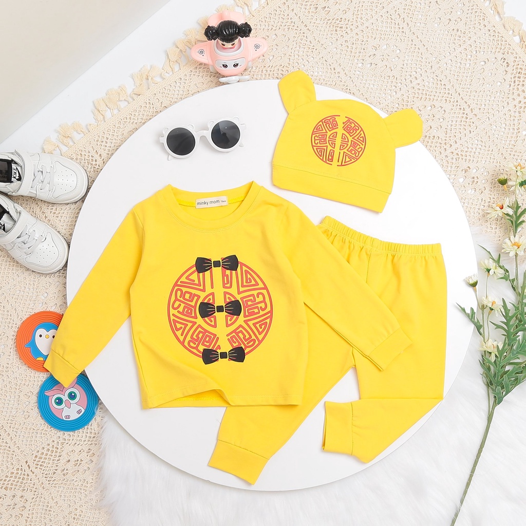 Đồ Bộ Mặc Tết Minky Mom Vải Cotton Mềm Mịn Co Giãn Cực Tốt Kèm Mũ 3D, Bộ Quần Áo Mặc Tết Cho Bé MKMTD2174