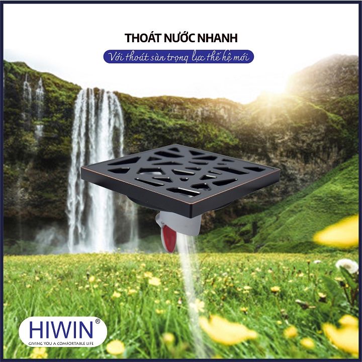 Phễu thoát sàn ngăn mùi hôi thoát nước nhanh đồng mạ đen kích thước 100x100mm HIWIN FD-1415B