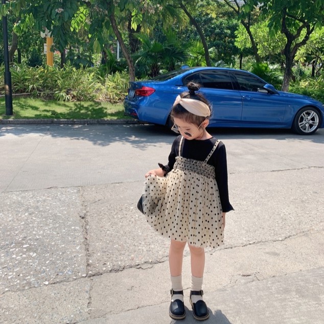 Đầm cotton tay dài phối họa tiết chấm bi xinh xắn cho bé gái